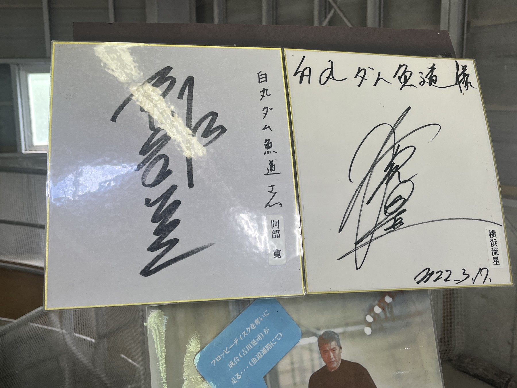 白丸魚道に飾られた阿部寛さんと横浜流星さんのサイン
