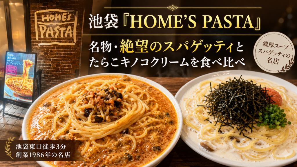 池袋「HOME'S PASTA」｜名物・絶望のスパゲッティとたらこキノコクリームを食べ比べ