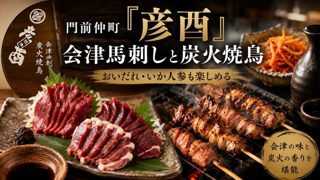 門前仲町「彦酉」|会津馬刺し2点盛りと炭火焼鳥!おいだれ・いか人参で会津&信州を味わう