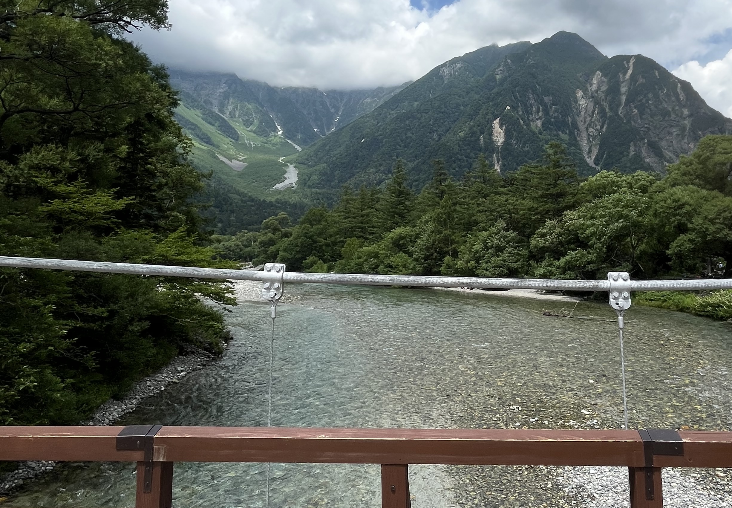 上高地の河童橋の欄干と橋上から見た梓川・穂高連峰