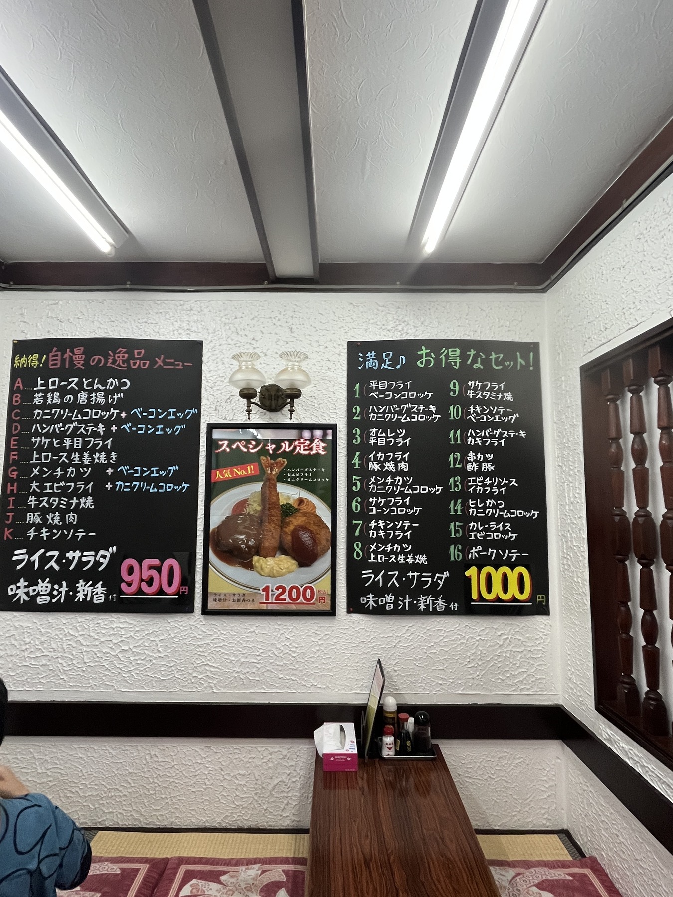 好々亭の店内と壁に並ぶ洋食メニュー