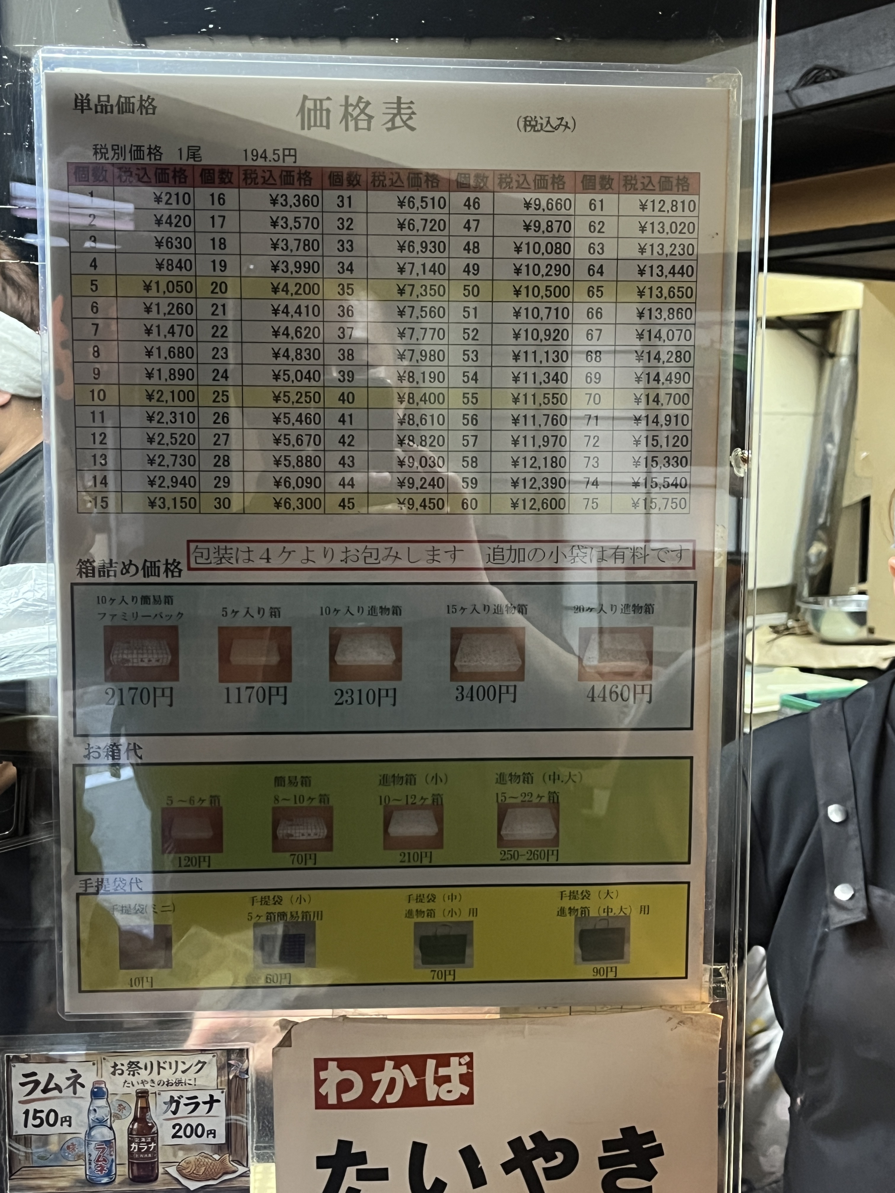 たいやきわかばの2026年8月の価格表